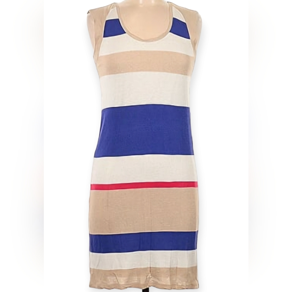 ZARA Blue White Beige Striped Sleeveless Dress, size medium